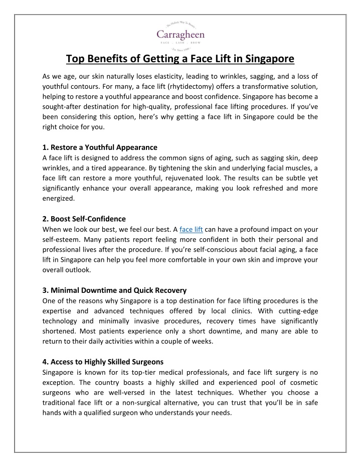 top benefits of getting a face lift in singapore