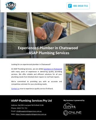 Experienced Plumber in Chatswood - ASAP Plumbing Services