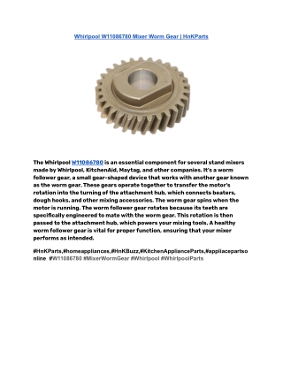 Whirlpool W11086780 Mixer Worm Gear _ HnKParts
