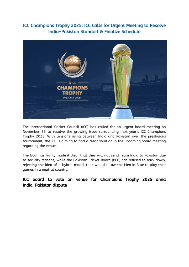 PPT ICC Champions Trophy 2025_ ICC Calls for Urgent Meeting to