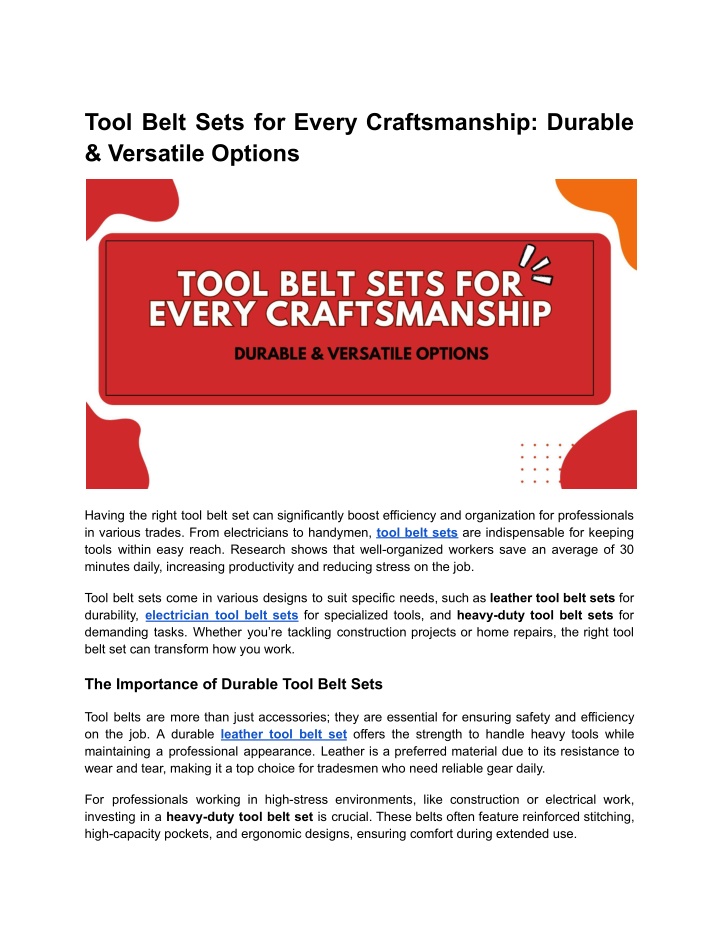 tool belt sets for every craftsmanship durable