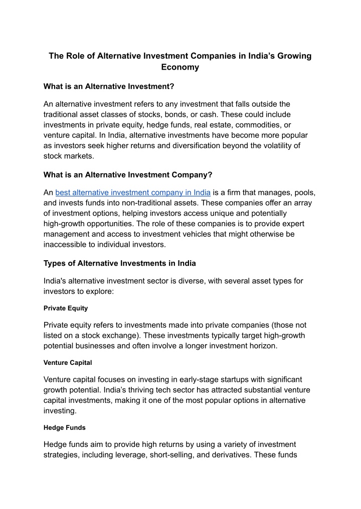 the role of alternative investment companies