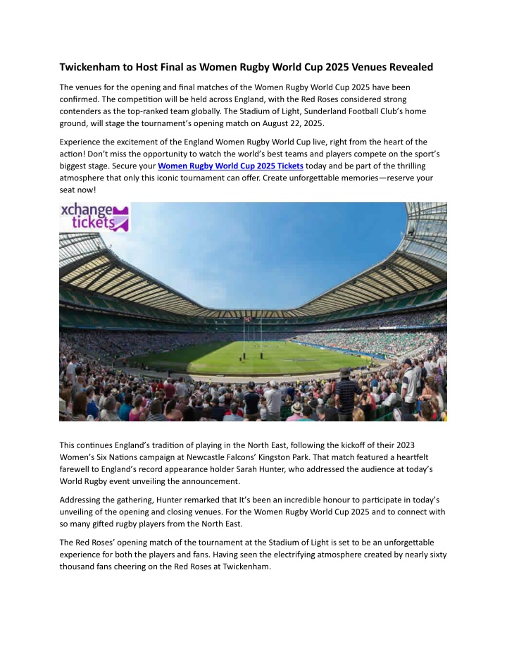 PPT Twickenham to Host Final as Women Rugby World Cup 2025 Venues