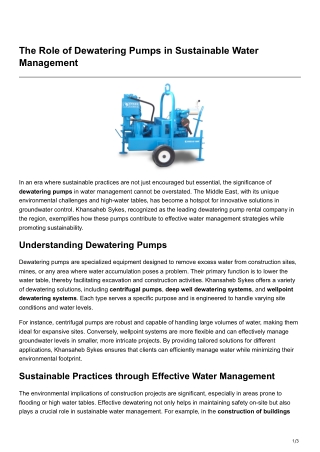 The Role of Dewatering Pumps in Sustainable Water Management