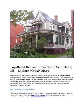 Top-Rated Bed and Breakfast in Saint John, NB — Explore MMANOR.ca