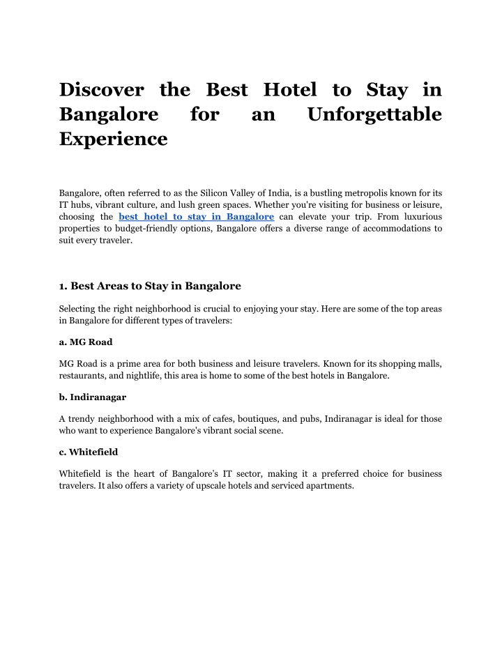 discover the best hotel to stay in bangalore