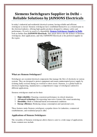 Siemens Switchgears Supplier in Delhi - JAINSONS Electricals