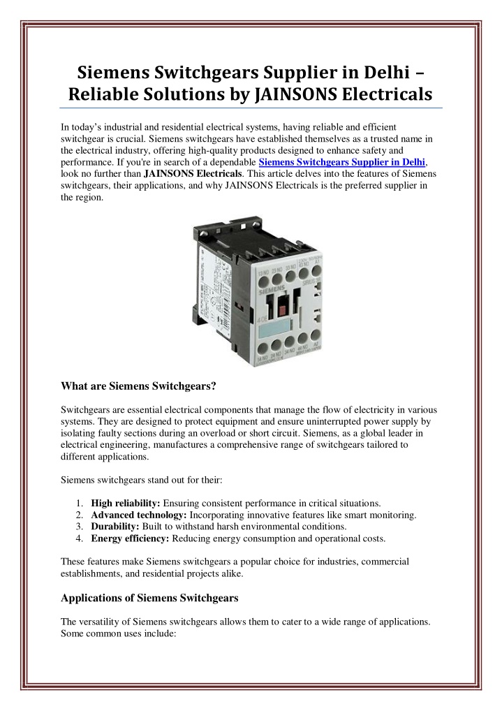 siemens switchgears supplier in delhi reliable