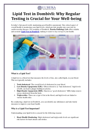 Lipid Test in Dombivli - Accurate Results at Eureka Pathology Lab