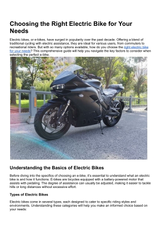 Choosing the Right Electric Bike for Your