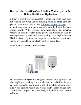 Discover the Benefits of an Alkaline Water System for Better Health and Hydration