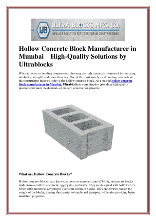 Hollow Concrete Block Manufacturer in Mumbai – High-Quality Solutions by Ultrabl