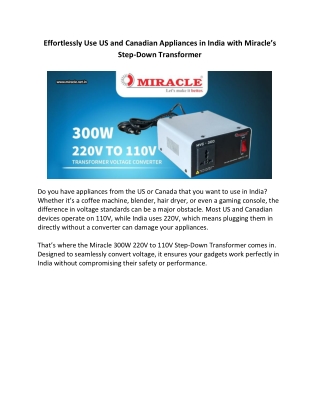 Effortlessly Use US and Canadian Appliances in India with Miracle’s Step-Down Transformer