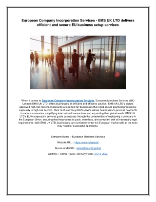 European Company Incorporation Services - EMS UK LTD delivers efficient and secure EU business setup services