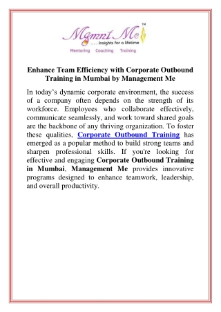 Enhance Team Efficiency with Corporate Outbound Training in Mumbai by Management Me