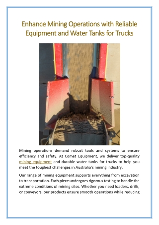 Enhance Mining Operations with Reliable Equipment and Water Tanks for Trucks