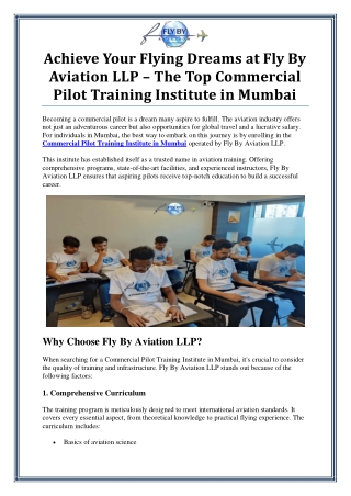 Commercial Pilot Training Institute in Mumbai by Fly By Aviation LLP