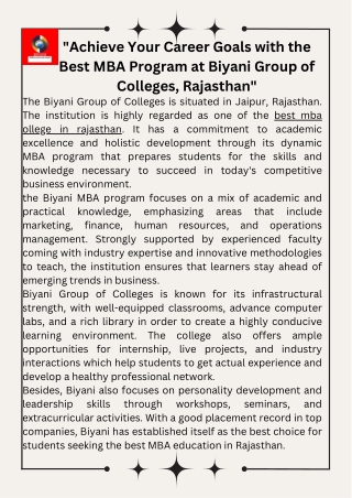 "Achieve Your Career Goals with the Best MBA Program at Biyani Group of Colleges