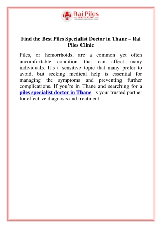 Find the Best Piles Specialist Doctor in Thane  Rai Piles Clinic