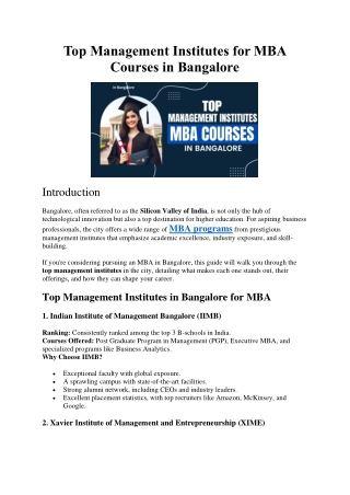 Top Management Institutes for MBA Courses in Bangalore