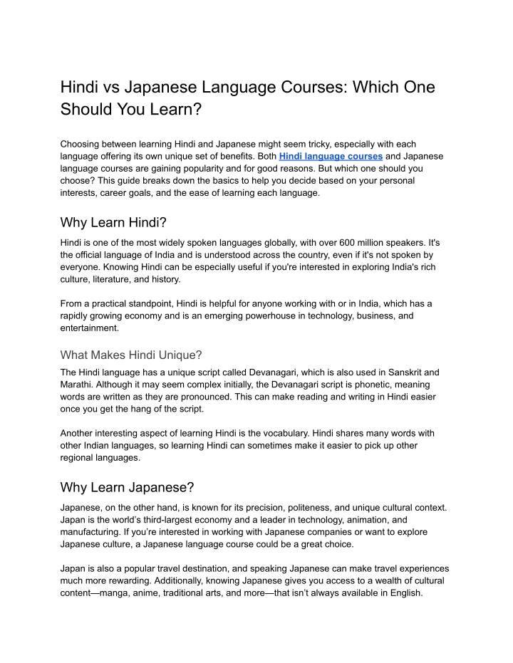 hindi vs japanese language courses which