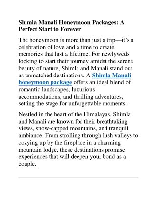 Shimla Manali Honeymoon Packages