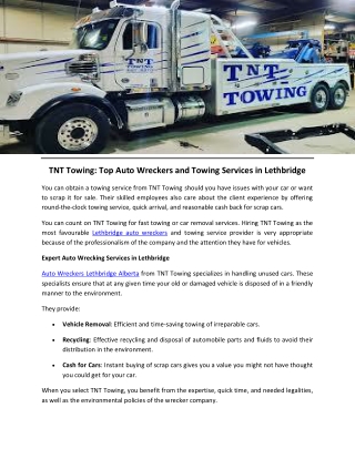 TNT Towing Top Auto Wreckers and Towing Services in Lethbridge