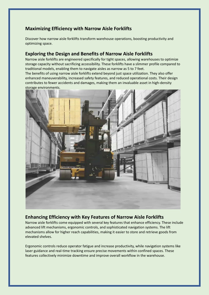 maximizing efficiency with narrow aisle forklifts