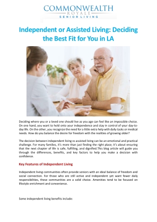 Independent or Assisted Living Deciding the Best Fit for You in LA
