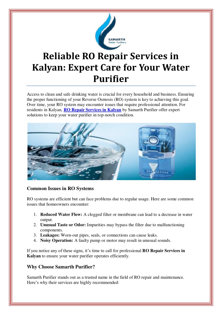 reliable ro repair services in kalyan expert care