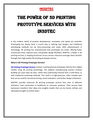 The Power of 3D Printing Prototype Services with IN3DTEC