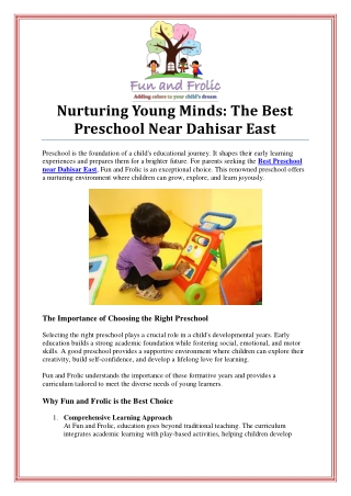 Discover the Best Preschool Near Dahisar East for Your Child’s Growth