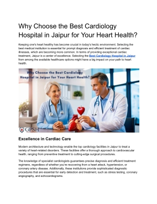 Why Choose the Best Cardiology Hospital in Jaipur for Your Heart Health_