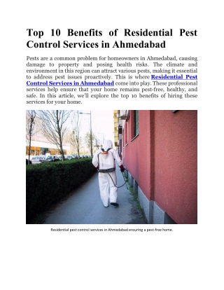 Top 10 Benefits of Residential Pest Control Services in Ahmedabad