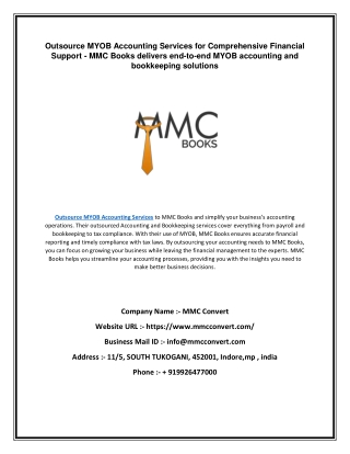 Outsource MYOB Accounting Services for Comprehensive Financial Support - MMC Books delivers end-to-end MYOB accounting a