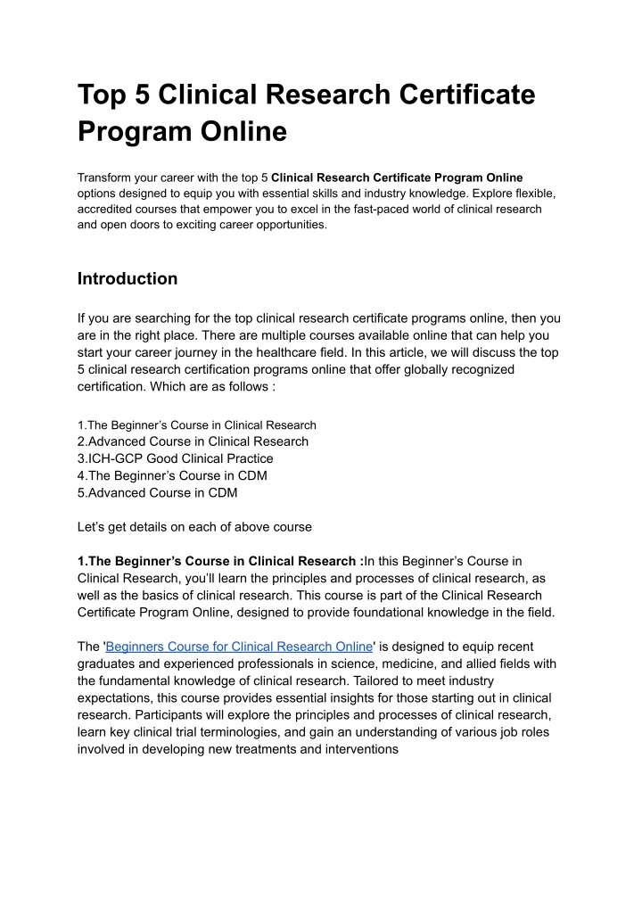 top 5 clinical research certificate program online