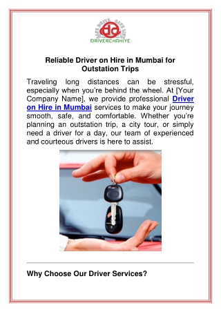 Reliable Driver on Hire in Mumbai for Outstation Trips