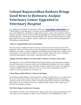 Colonel Rajyavardhan Rathore Brings Good News to Jhotwara Asalpur Veterinary Center Upgraded to Veterinary Hospital