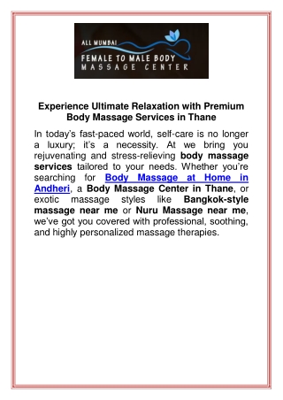 Experience Ultimate Relaxation with Premium Body Massage Services in Thane