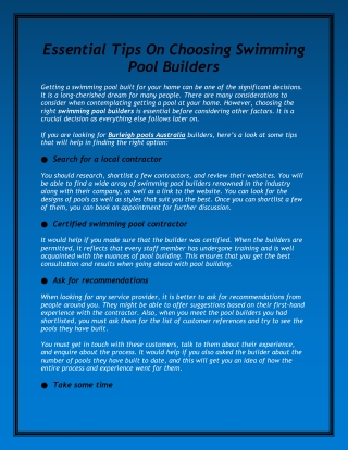 Essential Tips On Choosing Swimming Pool Builders