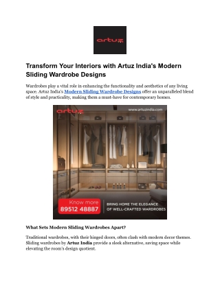 Transform Your Interiors with Artuz India's Modern Sliding Wardrobe Designs