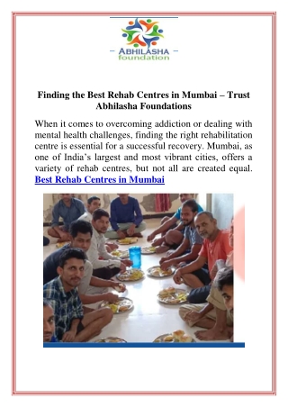 Finding the Best Rehab Centres in Mumbai  Trust Abhilasha Foundations