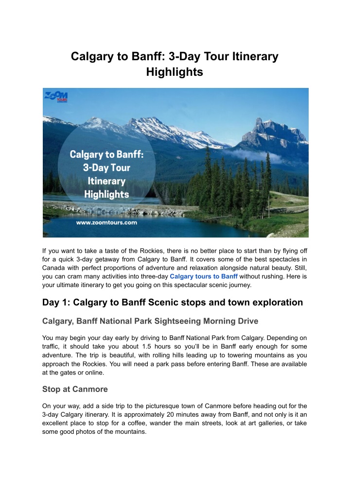 calgary to banff 3 day tour itinerary highlights