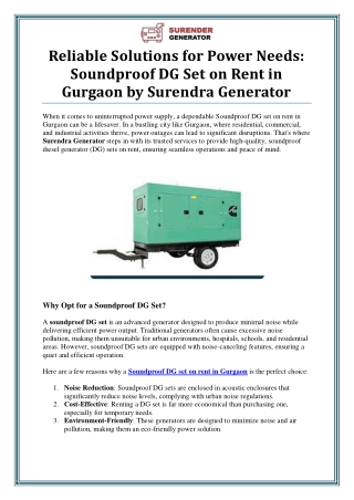 Soundproof DG Set on Rent in Gurgaon by Surendra Generator