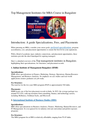 Top Management Institutes for MBA Course in Bangalore