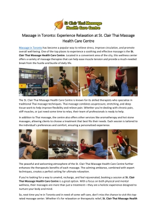 Massage in Toronto: Experience Relaxation at St. Clair Thai Massage Health Care