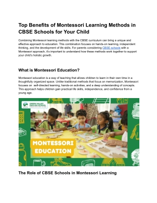 Top Benefits of Montessori Learning Methods in CBSE Schools for Your Child