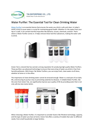 Water Purifier: The Essential Tool for Clean Drinking Water