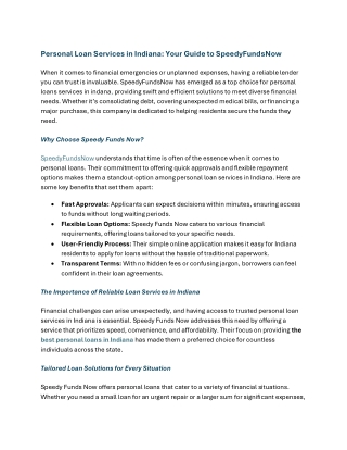 Personal Loan Services in Indiana Your Guide to SpeedyFundsNow