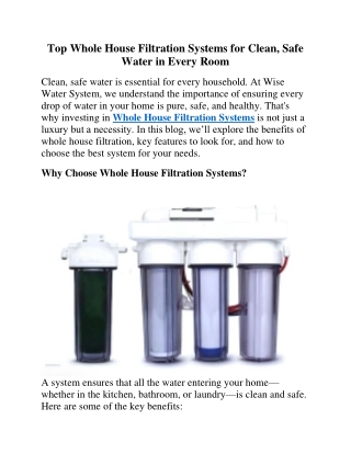 Top Whole House Filtration Systems for Clean, Safe Water in Every Room